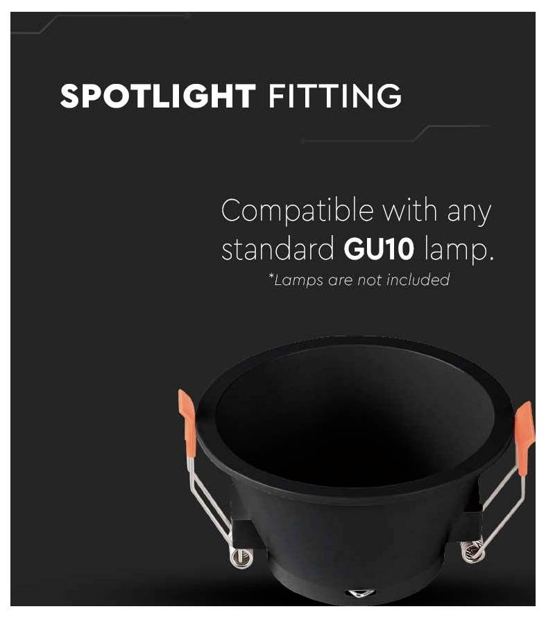 'Spotlight fitting compatible with any standard GU10 lamp. Lamps are not included.' Black spotlight fitting with orange accents shown.