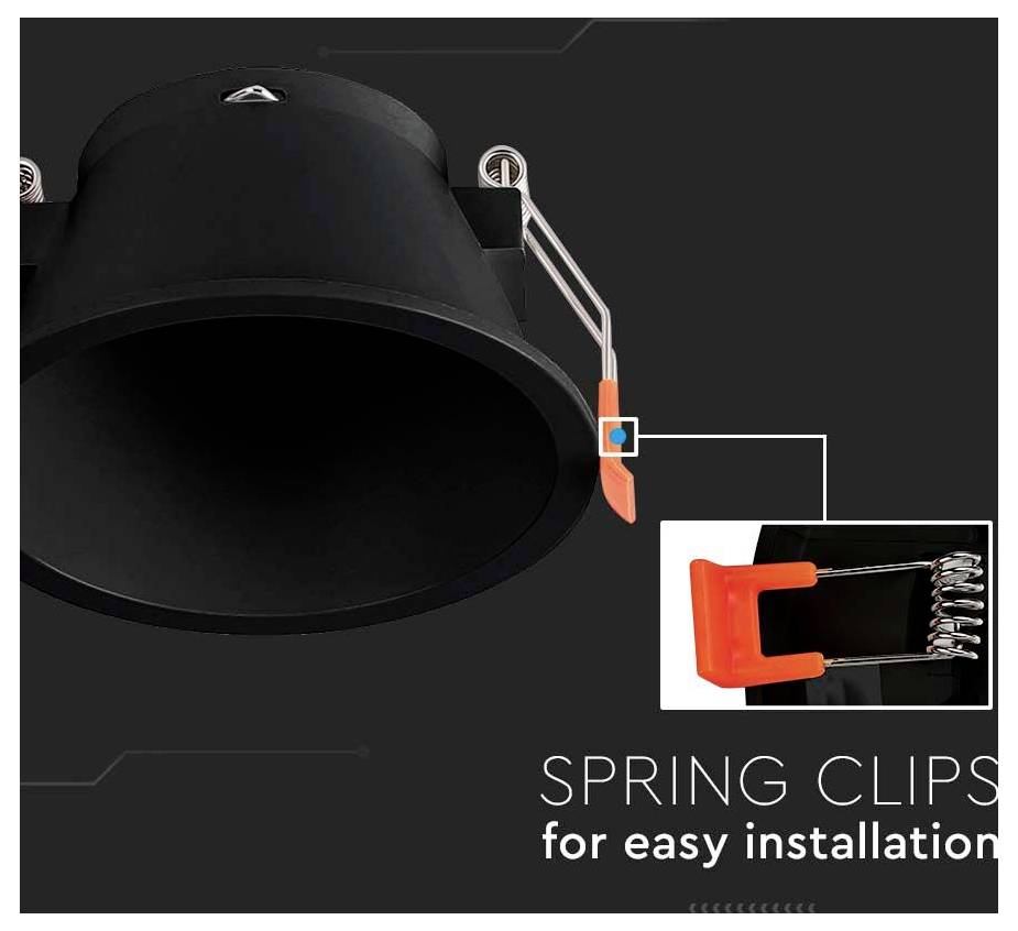 Black round ceiling light with a close-up inset showing orange spring clips. Text reads 'Spring clips for easy installation.'