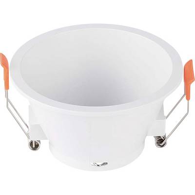 A white, round LED downlight with orange clips, suitable for ceiling installation.