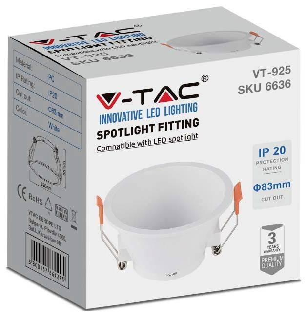 'V-TAC Innovative LED Lighting Spotlight Fitting, VT-925 SKU 6636. Compatible with LED spotlight. IP 20 rating, Φ83mm cut out.'