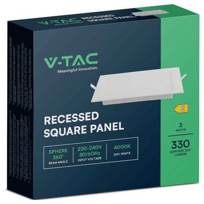 Package of a V-TAC recessed square LED panel with 3 watts, 330 lumens, 4000K day white, and 220-240V input voltage.