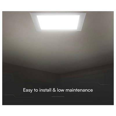 A ceiling-mounted, illuminated rectangular LED light panel with the text 'Easy to install & low maintenance' underneath.