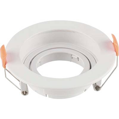 A round white recessed ceiling light fixture with orange clips on the sides, designed for LED bulbs, seen from a top angle.