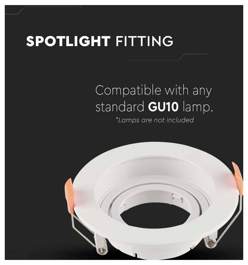 'Spotlight Fitting: Compatible with any standard GU10 lamp. *Lamps are not included.' Image shows a white spotlight fitting against a dark background.
