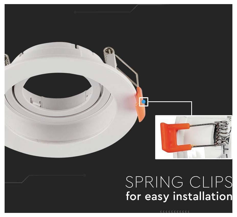 'Spring clips for easy installation' shown with an image of a circular light fixture with an inset detail of spring clips.
