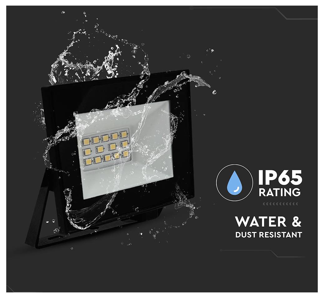 An LED light is splashed with water, highlighting its IP65 rating for water and dust resistance.