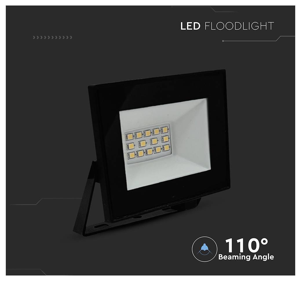 'LED Floodlight' image showing a light with 110° beaming angle description on a dark background.