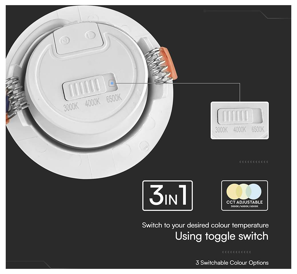 '3-in-1 switchable color options LED light'. Toggle switch for 3000K, 4000K, 6500K color temperatures.