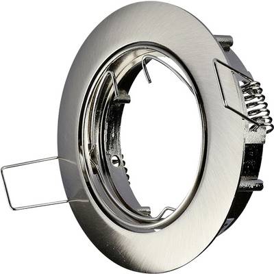 A round metal recessed ceiling light fixture with a brushed finish, featuring a mounting clip and spring, designed for holding a bulb.