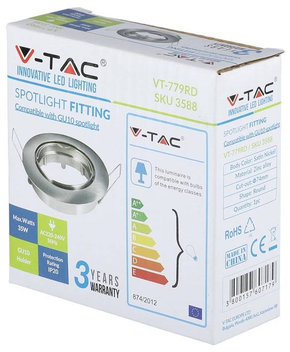 Box of V-TAC spotlight fitting, compatible with GU10. Details on energy class, max watts, and 3-year warranty shown on packaging.
