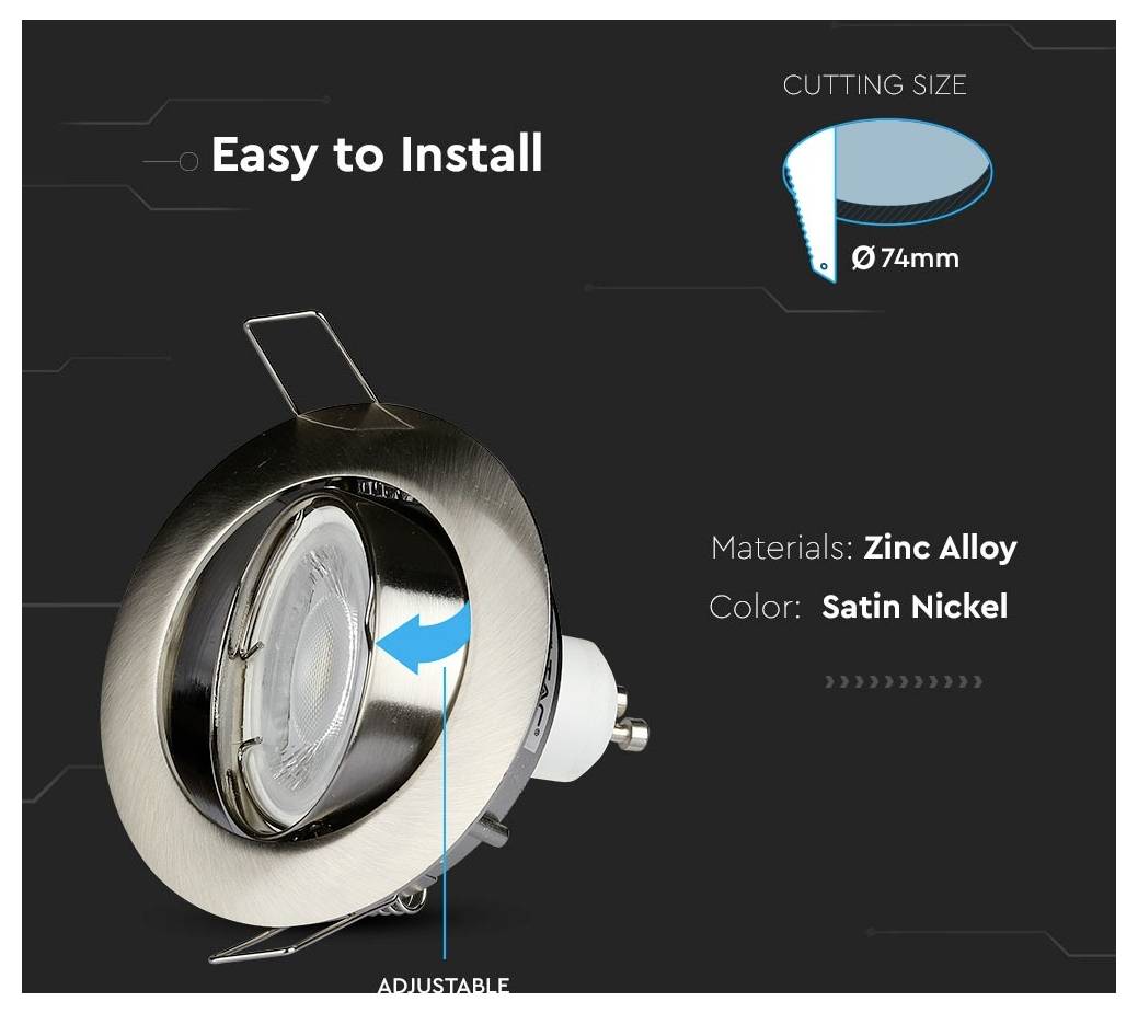 'Recessed light fixture' with text 'Easy to Install'. Cutting size 74mm. Materials: Zinc Alloy. Color: Satin Nickel.