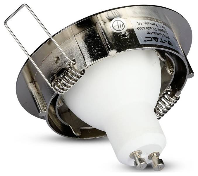 A GU10 LED bulb with a metallic holder and springs is shown, designed for recessed lighting fixtures.