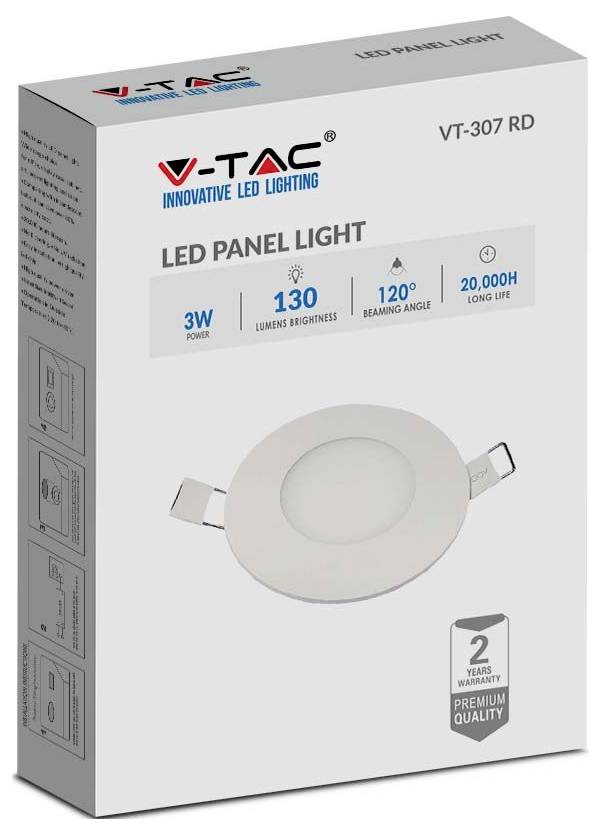 Box of V-TAC LED panel light VT-307 RD, featuring specifications: 3W power, 130 lumens brightness, 120° angle, 20,000h lifespan.