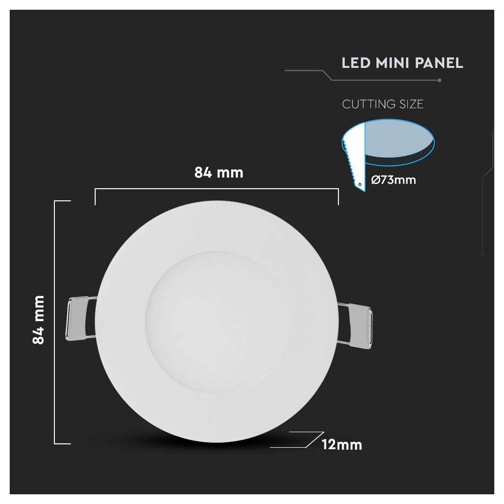 'LED Mini Panel' with dimensions: 84mm x 84mm, 12mm thickness. Cutting size is Ø73mm. Circular design with installation clips.