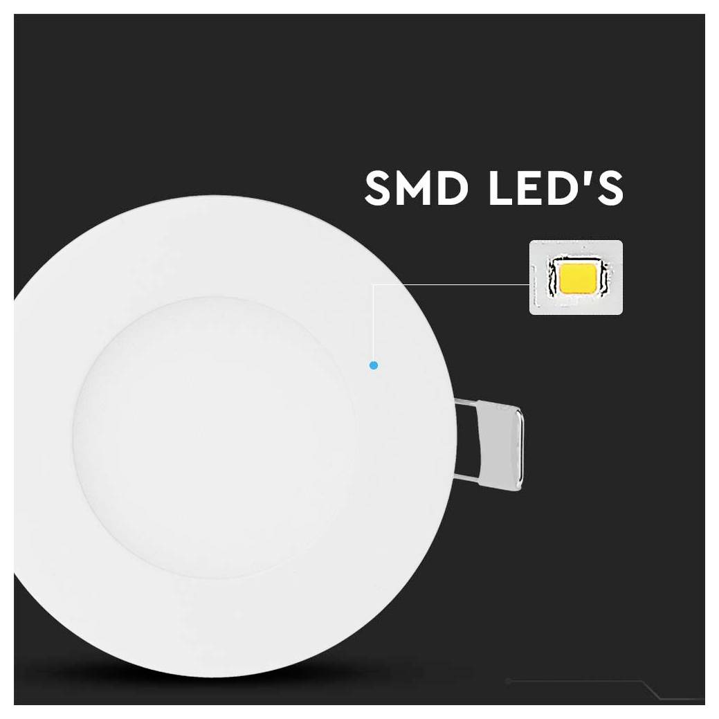 'Recessed ceiling light with circular design featuring SMD LED' text. Displays LED component detail for enhanced lighting efficiency.