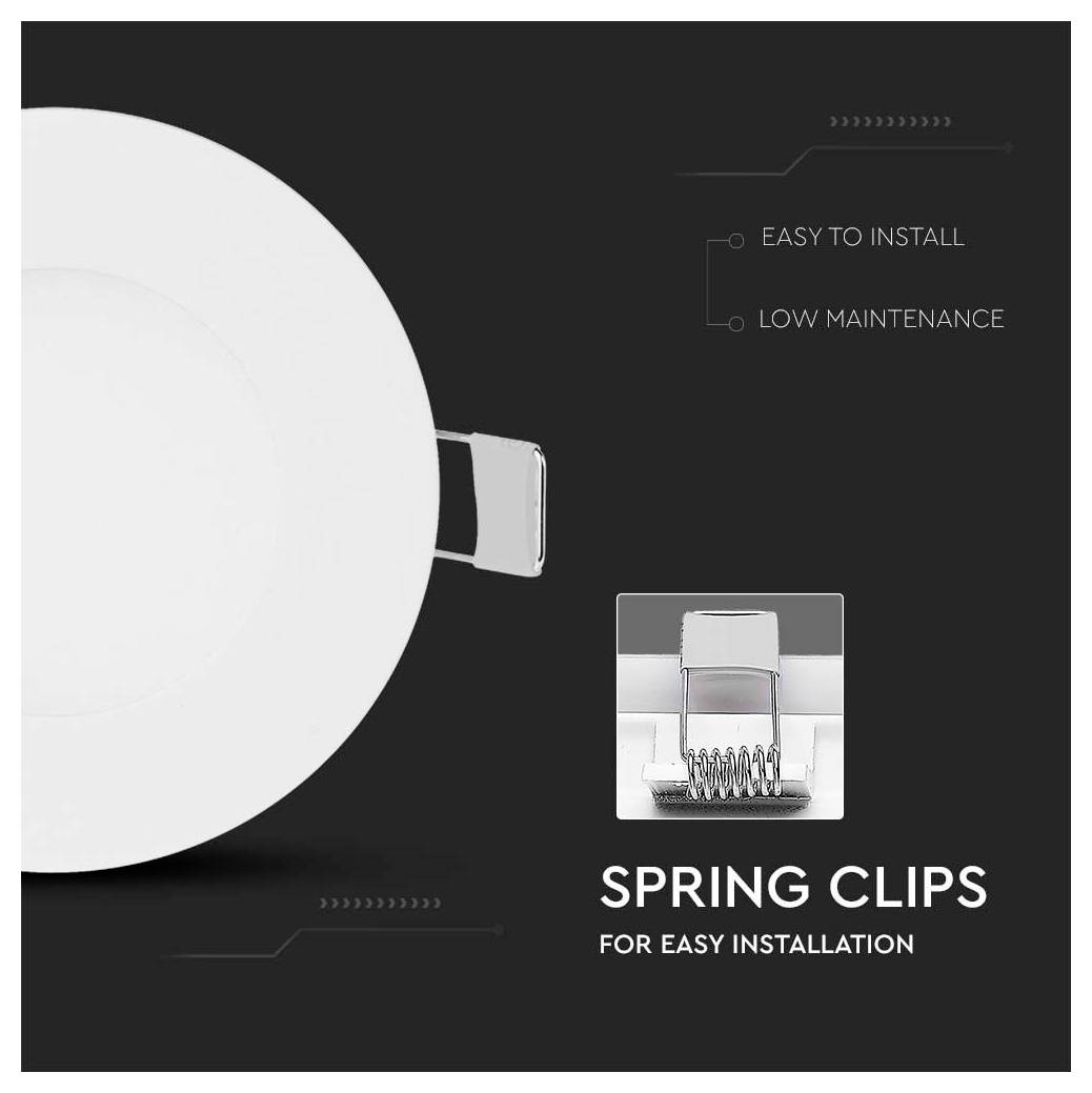 White circular object with spring clips on a dark background; text reads 'Easy to install, low maintenance' and 'Spring clips for easy installation'.
