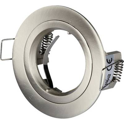 A round metal light fixture with a spring mechanism for mounting, designed for recessed installations.