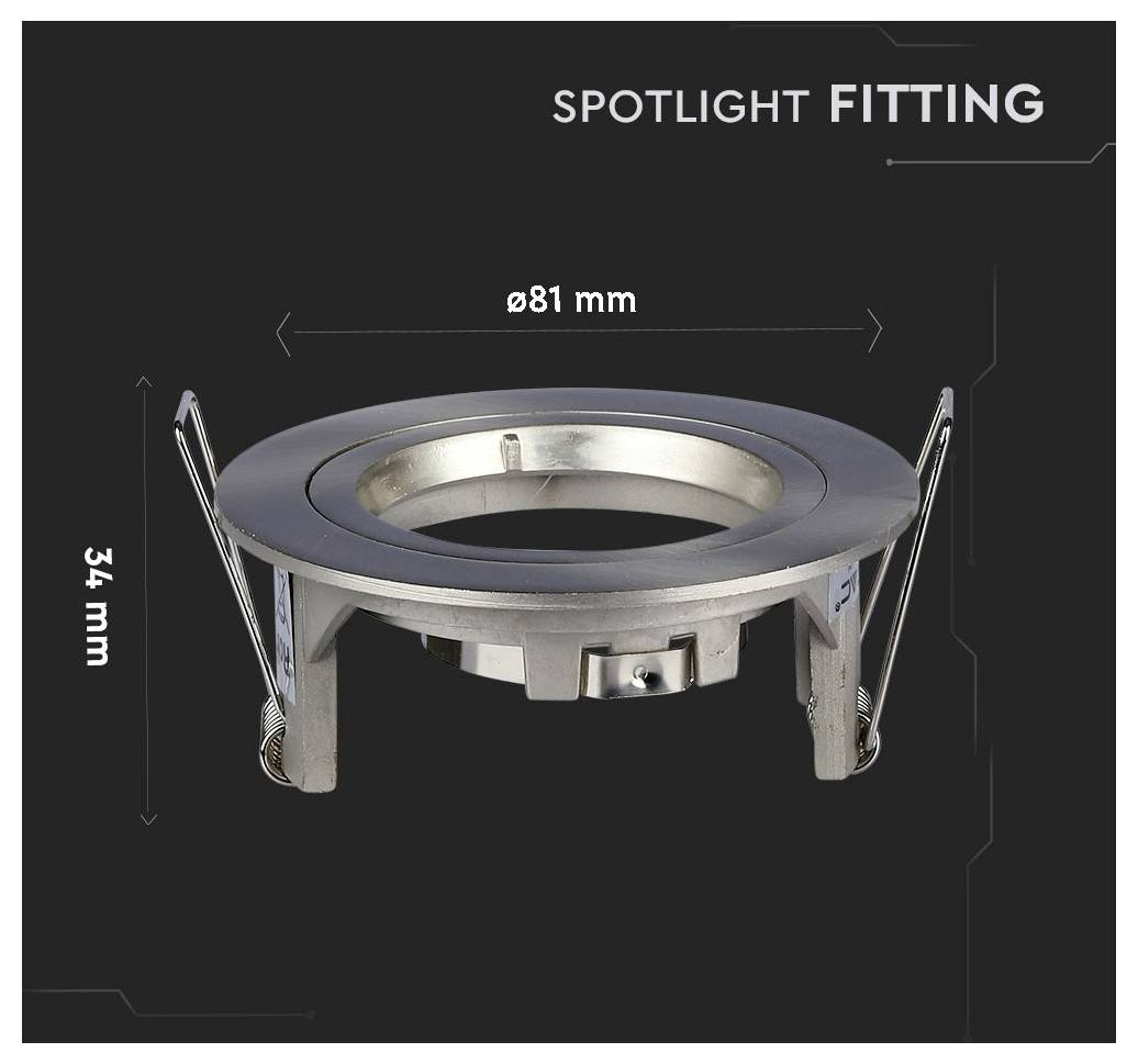 'Spotlight fitting' shown with dimensions: diameter 81 mm and height 34 mm. Silver finish with adjustable clips on a dark background.