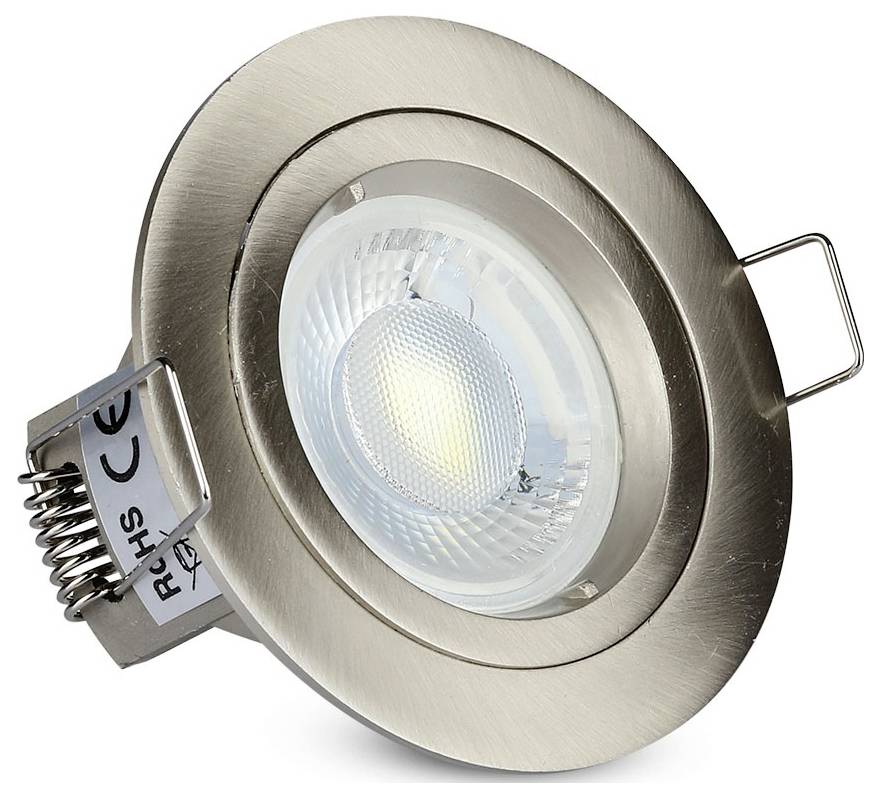 'Recessed light fixture, brushed metal finish, round shape with clamp housing and visible bulb in the center.'