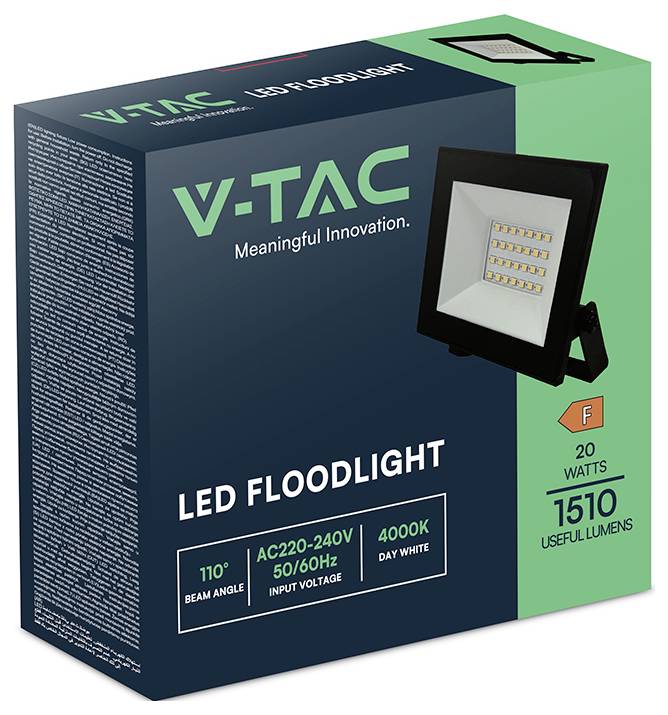 Box packaging of a V-TAC LED floodlight, 20 watts, 1510 lumens, with 'Meaningful Innovation', 110° beam angle, 4000K day white.