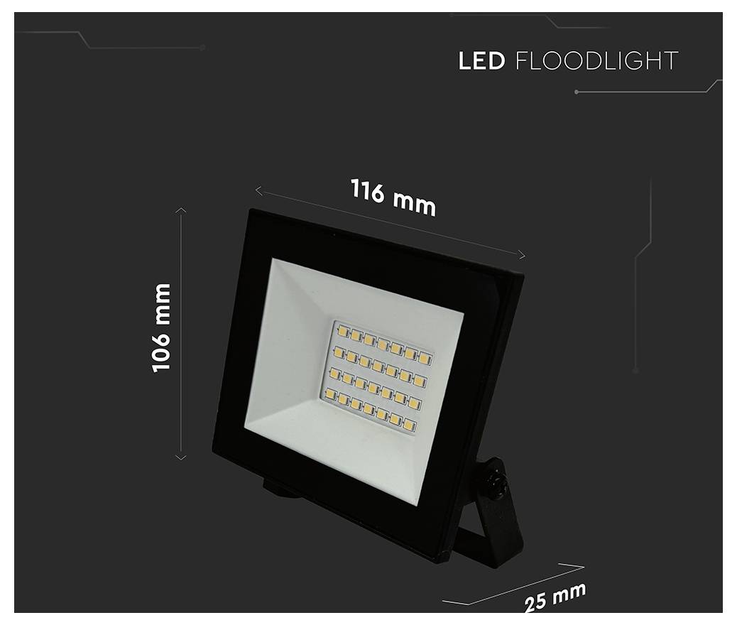 'LED Floodlight' image showing dimensions: 116 mm wide, 106 mm high, 25 mm deep.