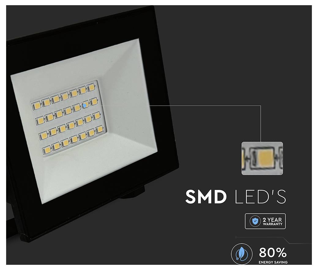 'A black lamp with multiple SMD LEDs and a highlighted LED detail. Text reads: "SMD LED's," "2 Year Warranty," and "80% Energy Saving."'