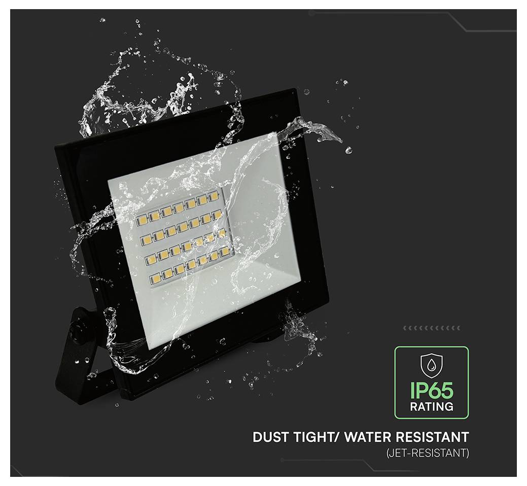 A black LED floodlight with water splashes, illustrating its 'IP65 rating' which means it's dust-tight and water-resistant.