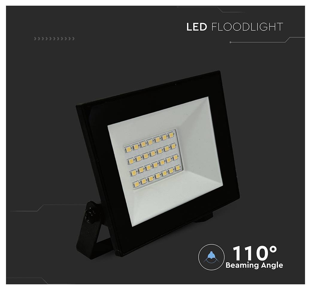 'LED Floodlight with 110° Beaming Angle' against a dark background, featuring the floodlight's design and LED arrangement.