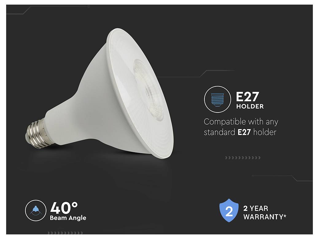 A white E27 light bulb with a 40-degree beam angle and 2-year warranty is shown against a dark background with text indicating compatibility with standard E27 holders.