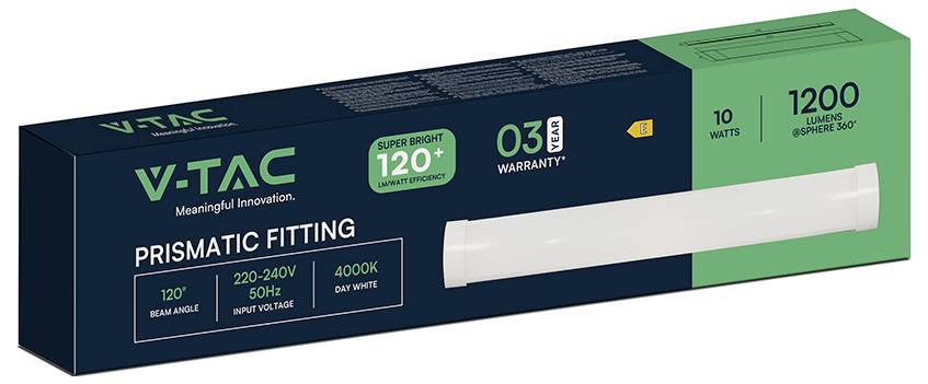 Box packaging for a V-TAC LED prismatic fitting: 10 watts, 1200 lumens, 4000K day white, 120-degree beam angle, 3-year warranty.