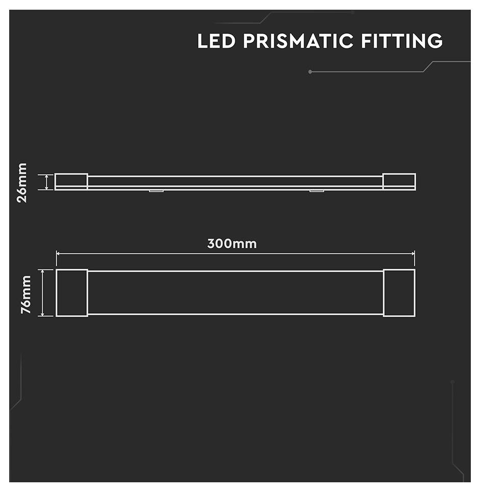 'LED Prismatic Fitting' diagram showing dimensions: length 300mm, height 26mm, and width 76mm.