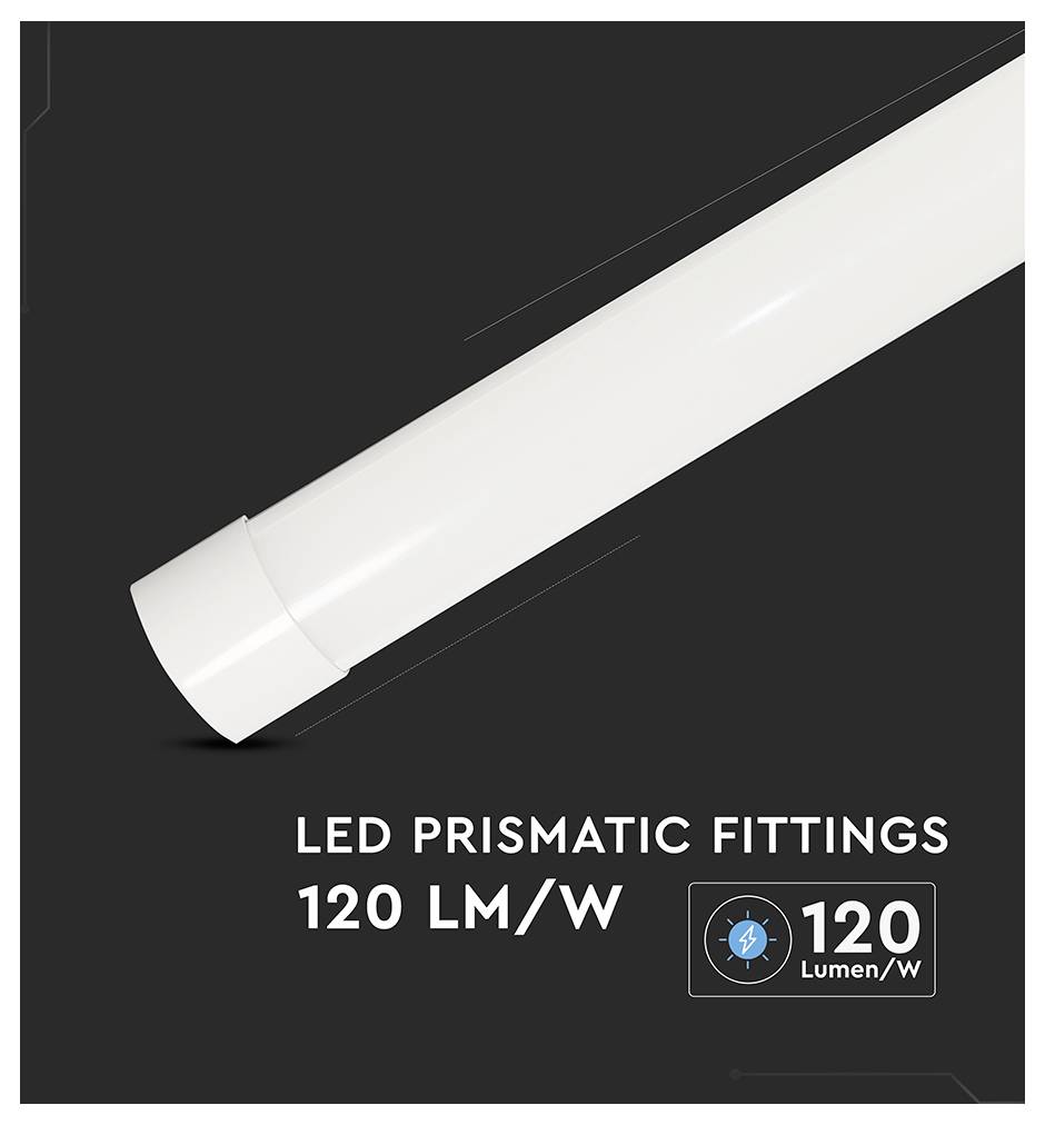 'LED Prismatic Fittings 120 LM/W' text appears alongside an image of a white LED tube light against a dark background.
