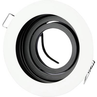 Round ceiling light fixture with a white outer ring and black adjustable interior, featuring a spring clip for installation.