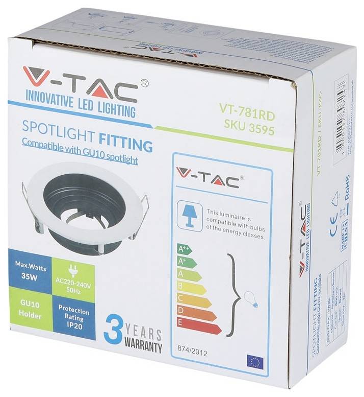 Box packaging for V-TAC LED spotlight fitting, compatible with GU10. Highlights: 35W max power, 3-year warranty, energy class A+.