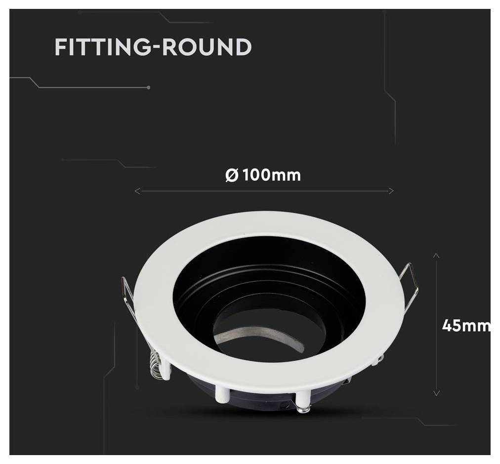 Round light fitting with a 100mm diameter and 45mm depth is shown against a dark background with technical lines.