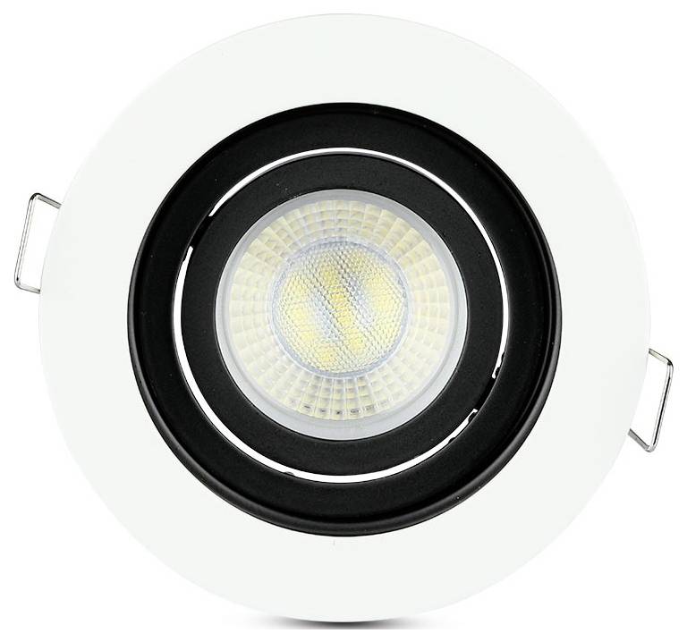 A round recessed LED ceiling light with a white rim and black inner ring, featuring a central bulb behind a textured diffuser.