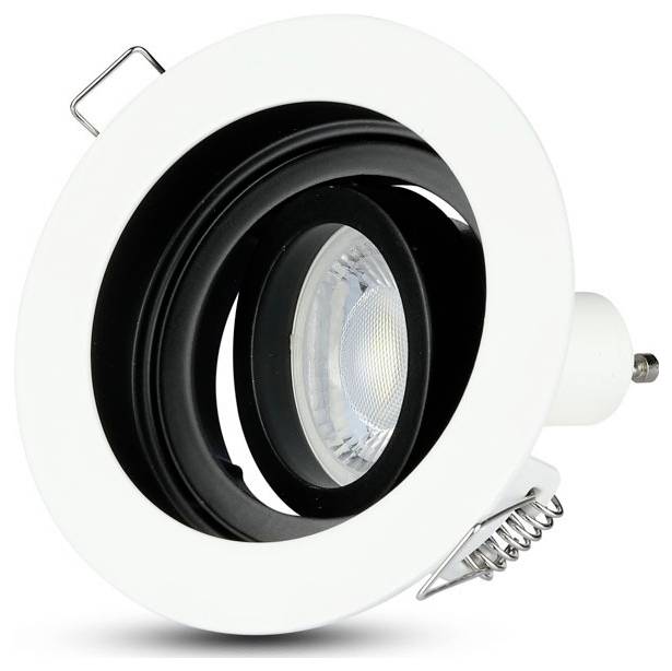 A white recessed LED light fixture with a round, adjustable trim and black inner ring, designed for ceiling installation.