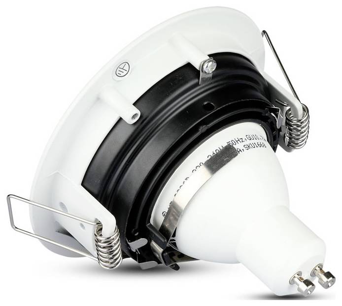 'White recessed ceiling light with a compact, adjustable design, featuring metal springs and connectors for secure installation.'