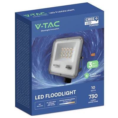 V-TAC LED Floodlight packaging showing product image, '3 in 1 CCT' feature, '10 watts', '730 lumen', '90° beam angle', and a '6-year warranty'.