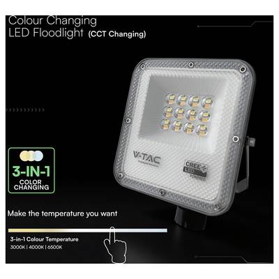 'Colour Changing LED Floodlight (CCT Changing)' with 3-in-1 Color Options: 3000K, 4000K, 6500K. Includes image of floodlight.