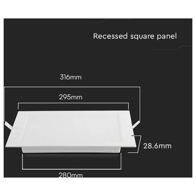 'Recessed square panel' with dimensions: 316mm length, 295mm width, 28.6mm height; 280mm base length.