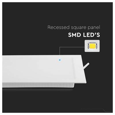 'Recessed square panel SMD LED's' with an image showing a white square panel light, emphasizing its surface-mounted diode technology.