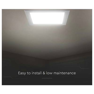 A bright LED ceiling light is illuminated in a dark room. Below, text reads 'Easy to install & low maintenance.'
