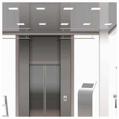'Illustration of a modern elevator interior with closed doors, a control panel on the right, and a reflective ceiling with lights.'