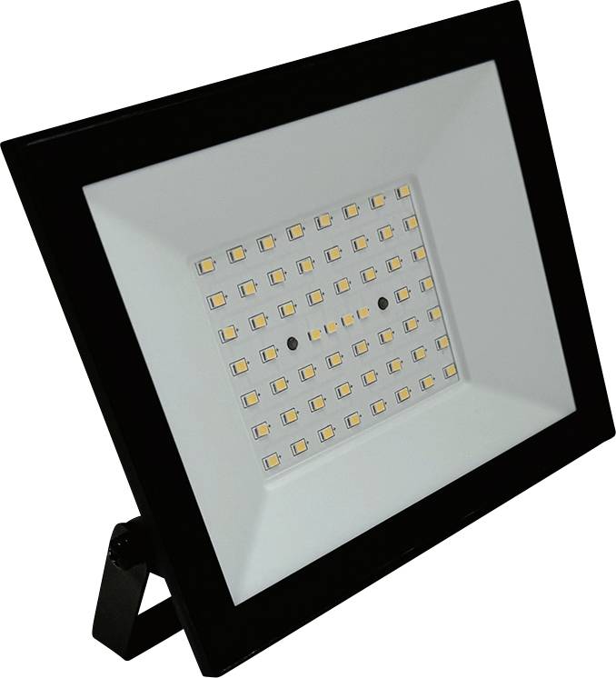 An LED floodlight with a rectangular shape and multiple small LED bulbs arranged in a grid pattern, set in a black frame.