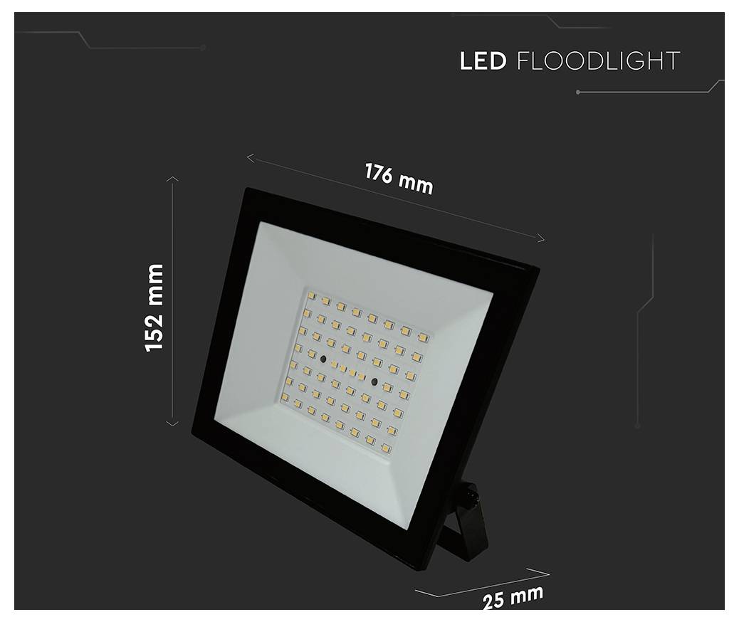 An LED floodlight is depicted with dimensions: 176 mm width, 152 mm height, and 25 mm depth.