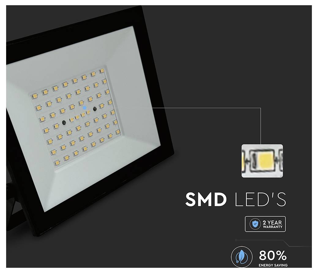 'Close-up of SMD LED light with 2-year warranty, highlighting an energy saving of 80%.'