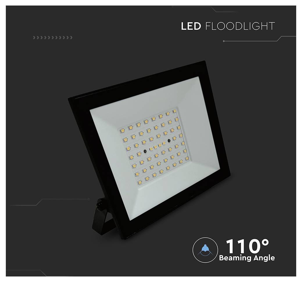 'LED Floodlight' with a square design, 110-degree beaming angle, featuring multiple LED bulbs, shown on a dark background.