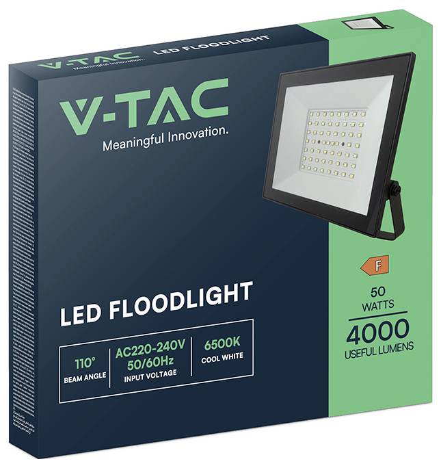'V-TAC LED Floodlight, 50 Watts, 4000 Lumens, 110° Beam Angle, AC220-240V, 50/60Hz, 6500K Cool White, Energy Rate F, Meaningful Innovation.'