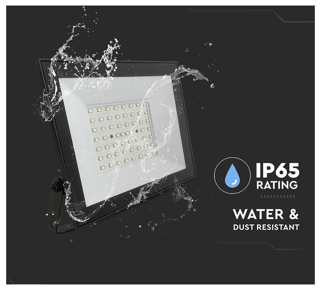 LED floodlight with water splashes, featuring 'IP65 Rating' and 'Water & Dust Resistant' text, illustrating durability.
